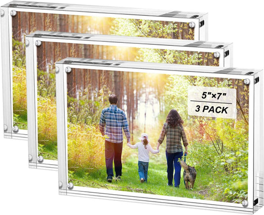 Boxalls 5x7 Inches Acrylic Picture Frames- 3 Pack, Desktop Frameless Photo Frames with Magnetic, Double Sided Transparent (3 Pack)