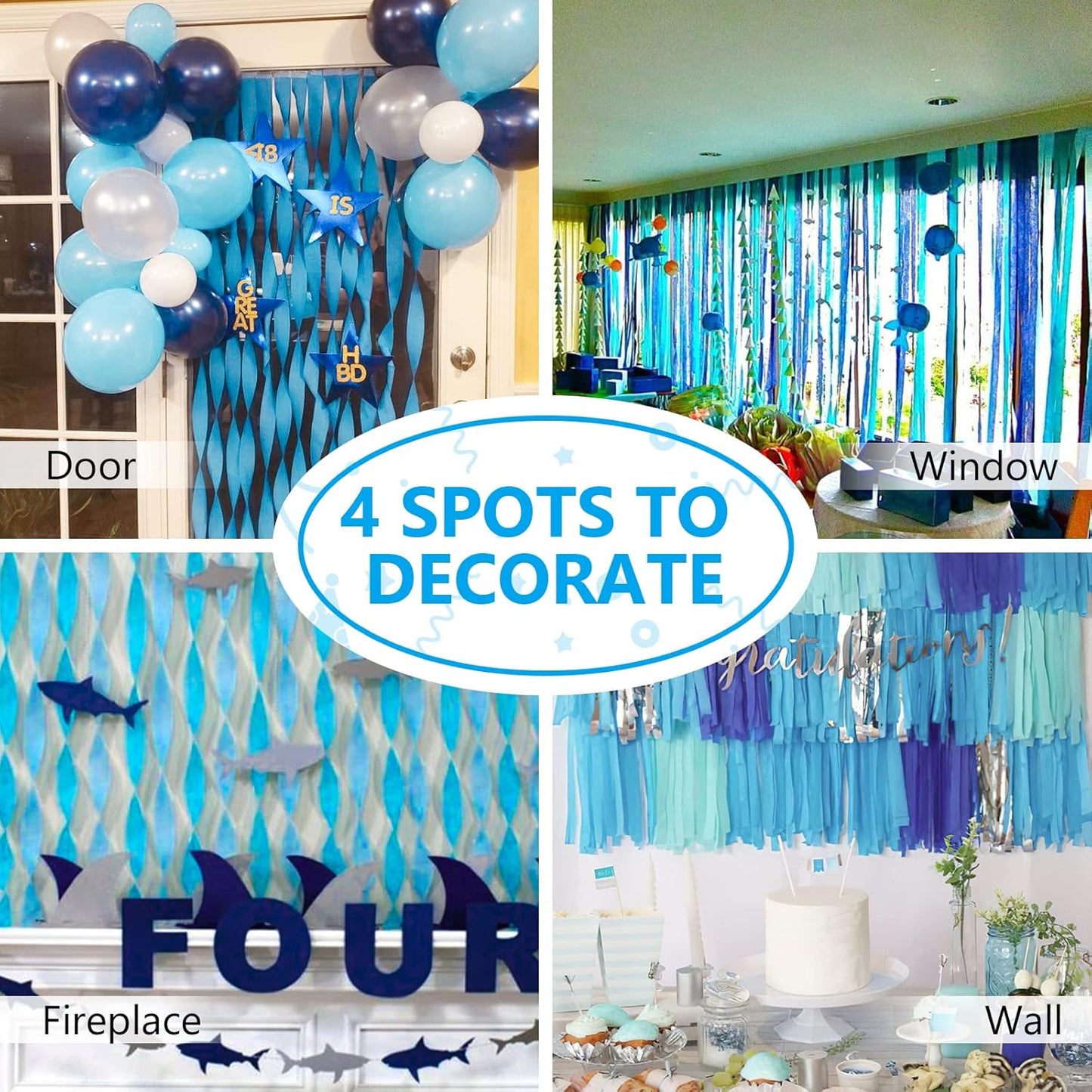 PartyWoo White and Blue Crepe Paper Streamers 4pcs 328ft Pack of Light Blue Pearl White Crepe Paper Streamers for Birthday Gender Reveal Baby Shower Graduation Pool Under The Sea Party Decorations