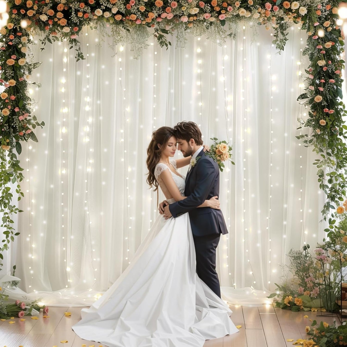 10x10ft Cream White Chiffon Backdrop Curtain with Lights String for Wedding Parties, Sheer Photo Backdrop Curtains for Baby Shower Bridal Shower Birthday Party Ceremony Reception