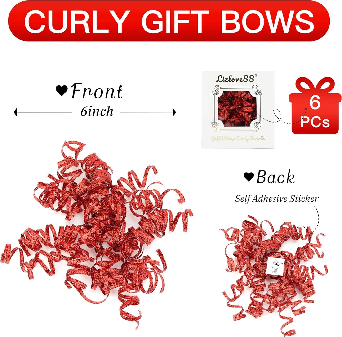 6" Metallic Red Christmas Curly Ribbon Bows for Gift Wrapping Self Adhesive Gift Bows for Holiday Decor, Baskets, Birthday, Wedding, Presents, Party Favors Decorations 6-Count