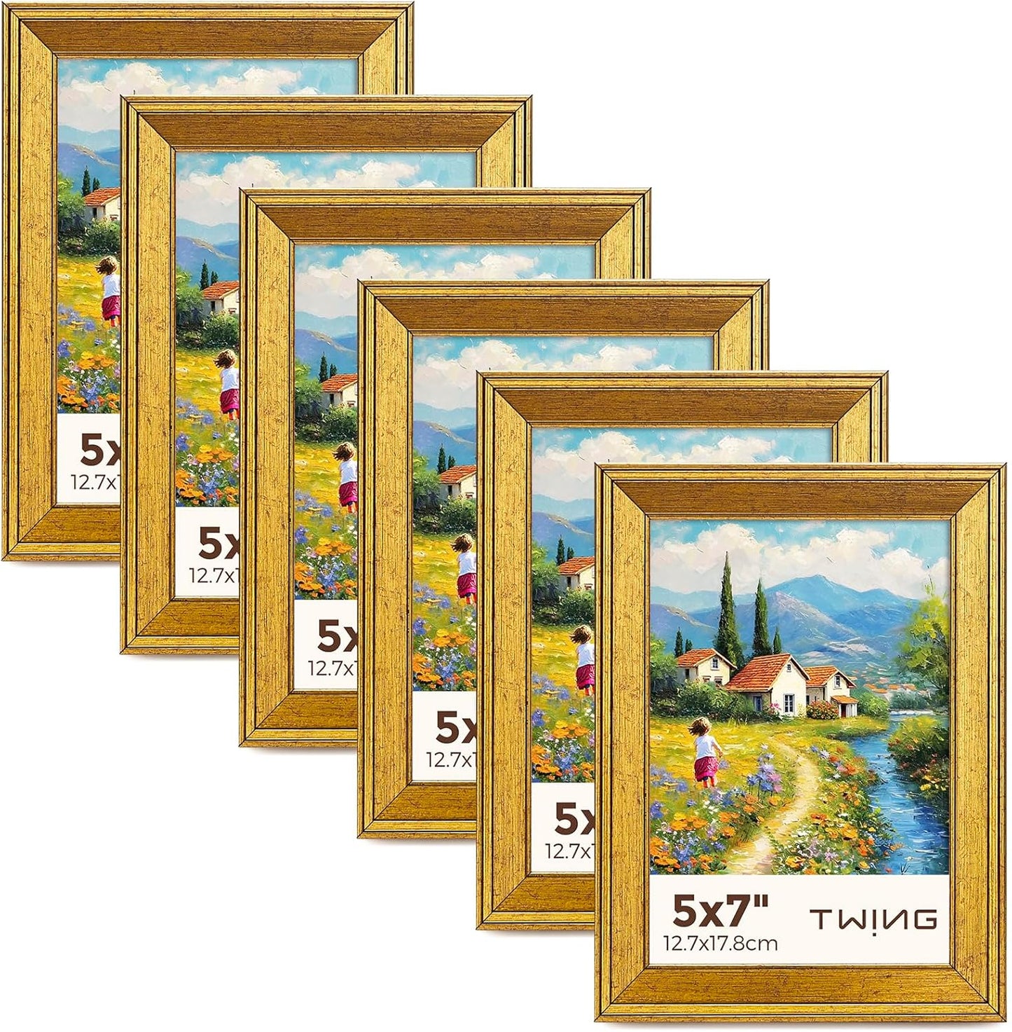TWING 5x7 Gold Picture Frames Set of 6,Rustic Gold Frames Display Pictures 4x6 with Mat or 5x7 Without Mat,Tabletop Display and Wall Mounting Home Collage Photo Frame,Set for Wall Gallery