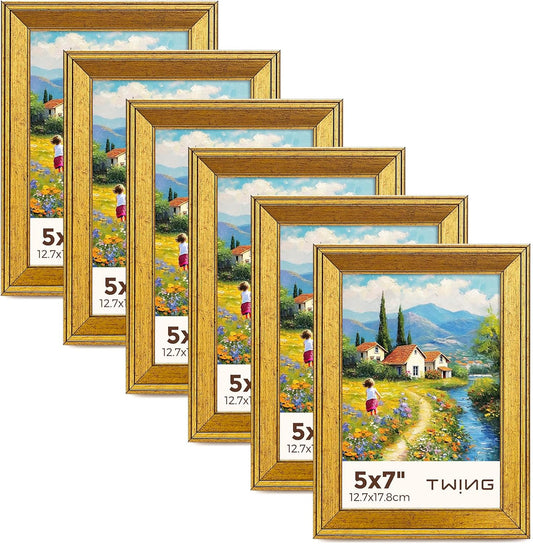 TWING 5x7 Gold Picture Frames Set of 6,Rustic Gold Frames Display Pictures 4x6 with Mat or 5x7 Without Mat,Tabletop Display and Wall Mounting Home Collage Photo Frame,Set for Wall Gallery