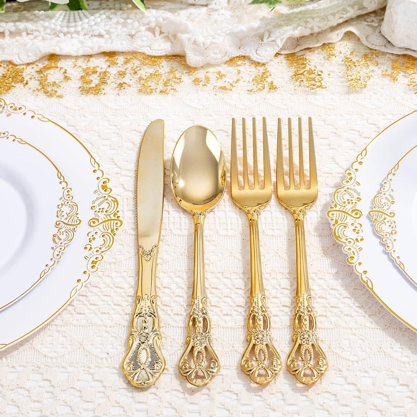 40PCS Gold Plastic Silverware - Heavy Duty Elegant Disposable Utensils - Gold Plastic Cutlery Set Includes 20 Forks, 10 Spoons, 10 Knives for Dinner, Parties, Weddings