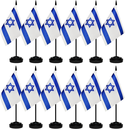 12 Pack Israel Desk Flags Set, Israeli Small Mini Table Office Flags with 12" Solid Black Pole, 8.2 x 5.5 Inches, Home and Office Decoration, Festival Celebrations