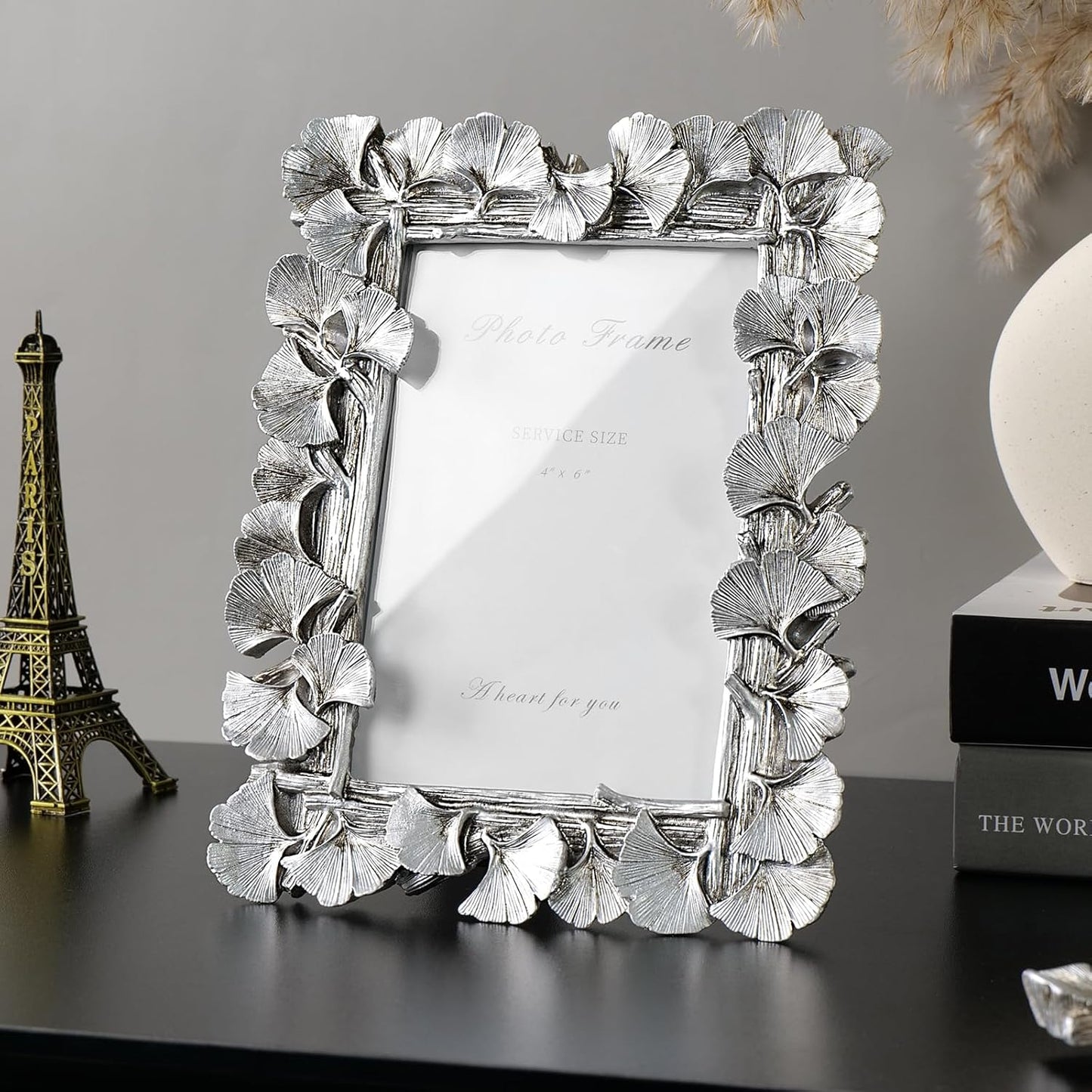 Cuspin 4x6 Silver Picture Frame, Vintage Silver Ornate Leaf Textured Hand-Crafted Resin with Glass Front Antique Photo Frame for Tabletop Display, Retro Design Home Decor