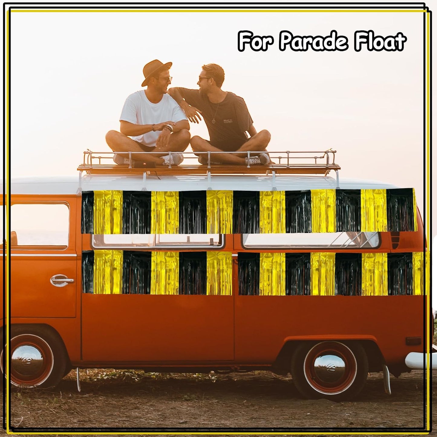 4 Pack 10 Feet Black Gold Foil Fringe Garland Metallic Tinsel Streamers Banner Fringe Curtain Banner for Parade Floats Halloween Graduation Homecoming Birthday Party Decorations (Black, Gold)