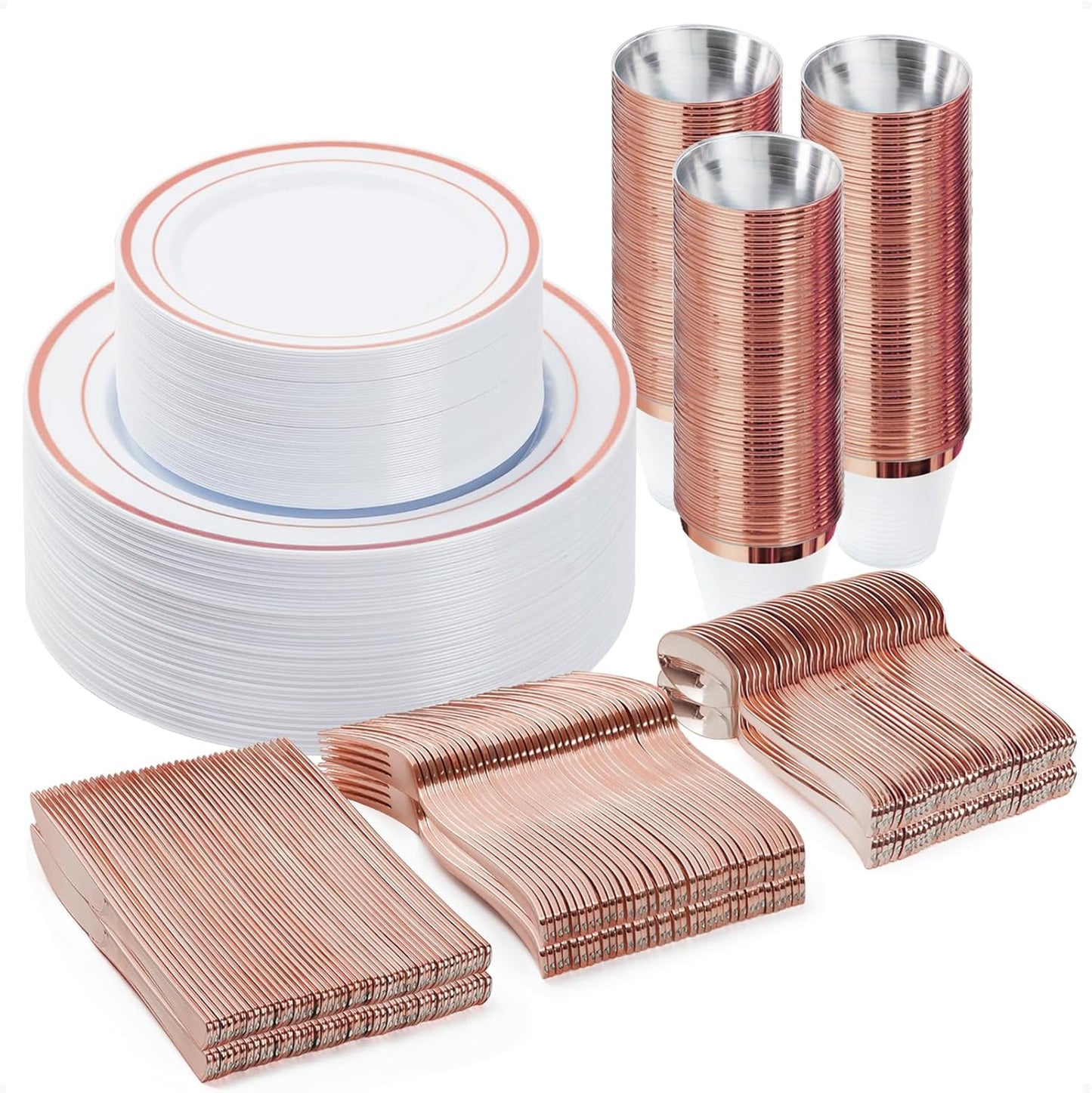 BESTVIP 300PCS Plastic Dinnerware Set (50 Guests), Rose Gold Disposable Plates for Party, Wedding, Christmas, Anniversary, Includes: Dinner Plates, Dessert Plates, Cups, Spoons, Forks and Knives