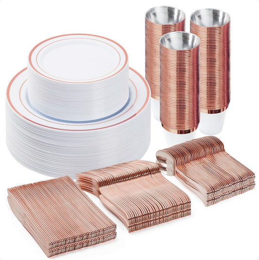 BESTVIP 300PCS Plastic Dinnerware Set (50 Guests), Rose Gold Disposable Plates for Party, Wedding, Christmas, Anniversary, Includes: Dinner Plates, Dessert Plates, Cups, Spoons, Forks and Knives