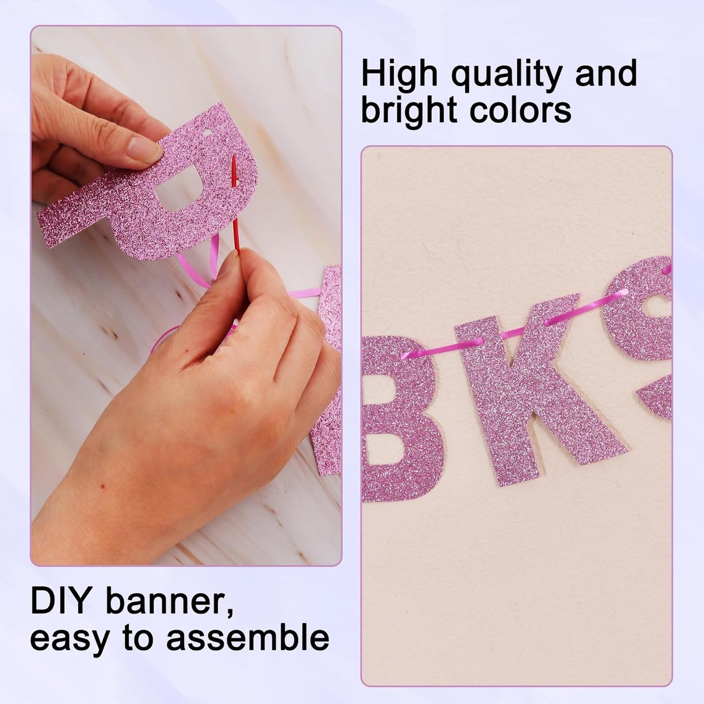 BEISHIDA 116 PCS A-Z Glitter Light Purple DIY Letter Banner Kit Make Your Own Banner，Including 111 Letters and Numbers 3 Rope and 7 Threading Device,Customized for Birthday Graduation Wedding Party Decor