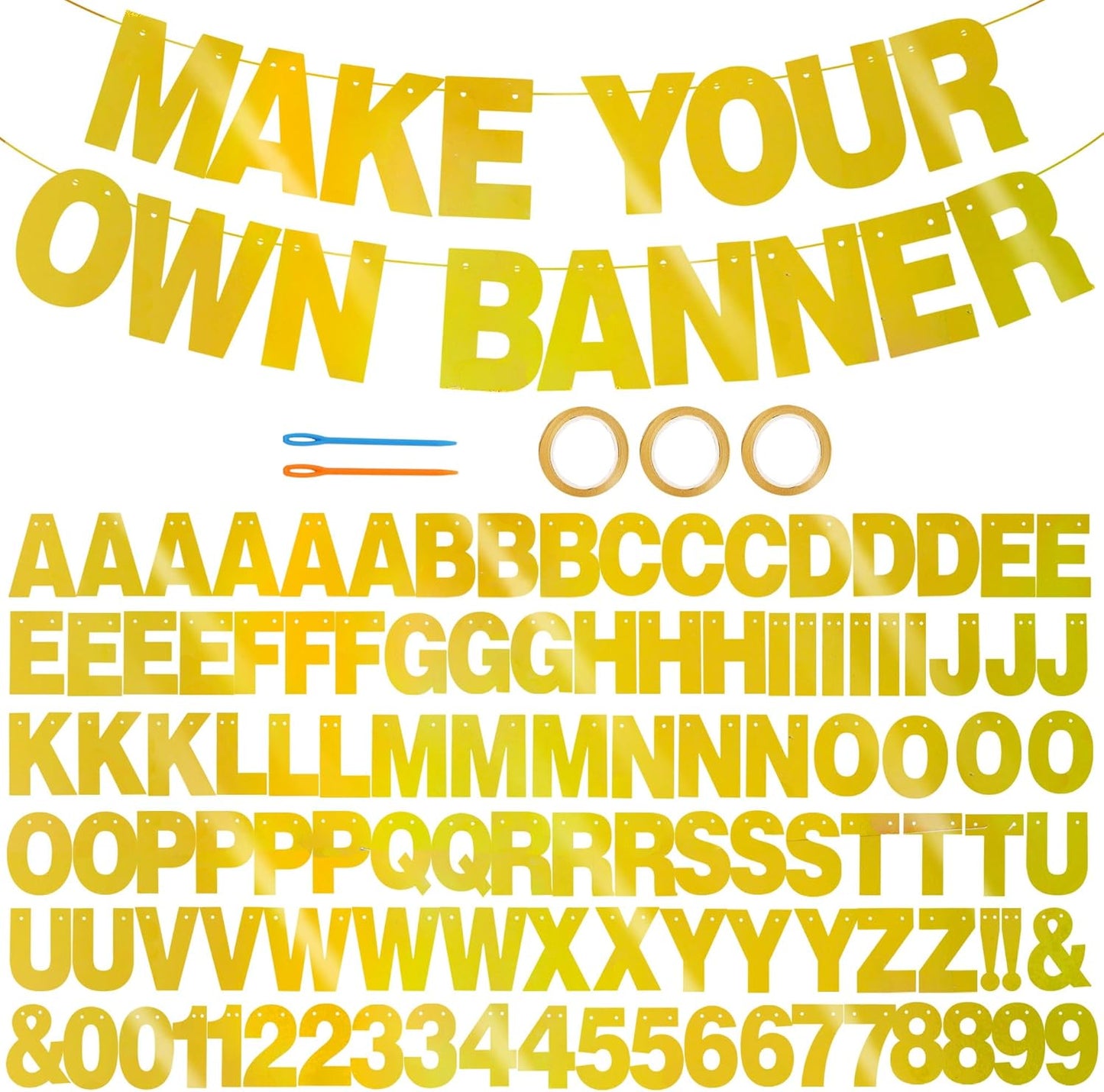 BEISHIDA Double-Sided Gold 116 PCS DIY Letter Banner Kit Make Your Own Banner,Including 111 Letters and Numbers 3 Rope and 9 Threading Device,Customized for Birthday Graduation Wedding Decor