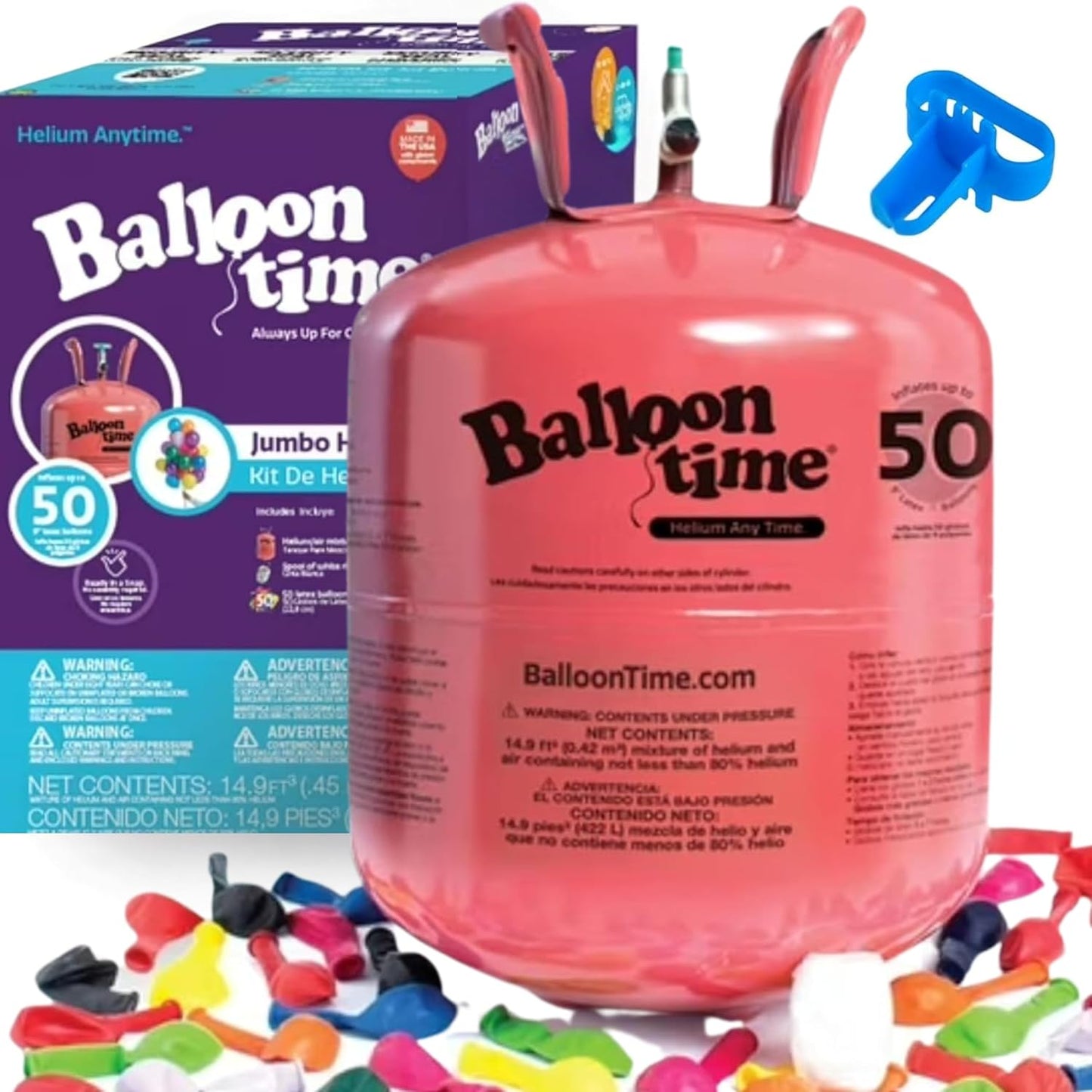 Helium Tank for Balloons At Home, 14.9 Cu Ft Helium Balloon Pump Kit with 50 Assorted Latex Balloons, White Curling Ribbon and Balloon Tie Tool