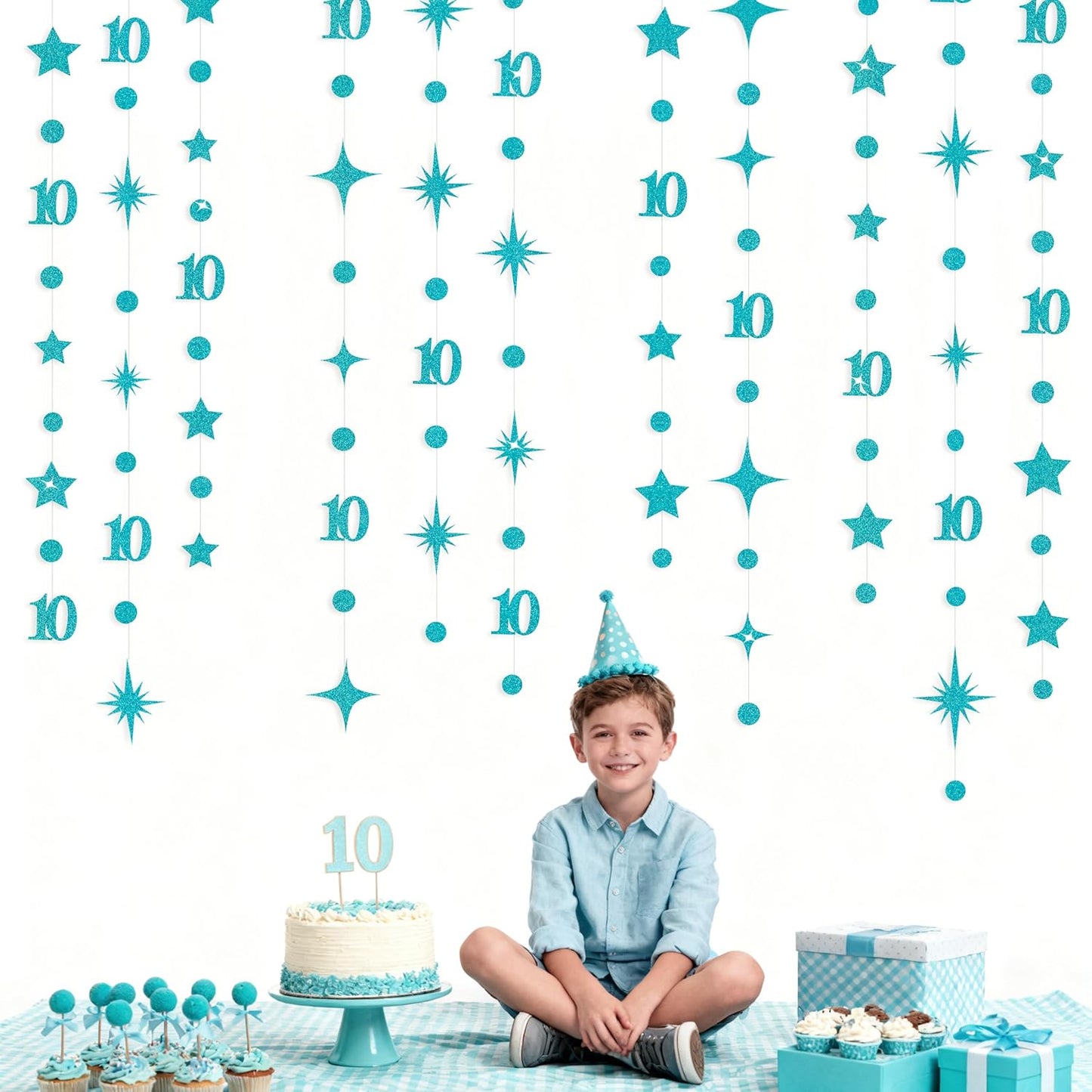 Teal Blue 10th Birthday Decorations Number 10 Circle Dot Star Garland Glitter Streamer Banner Backdrop for Girls Boys Double Digits Cheers to 10 Years Old Birthday 10th Anniversary Party Supplies