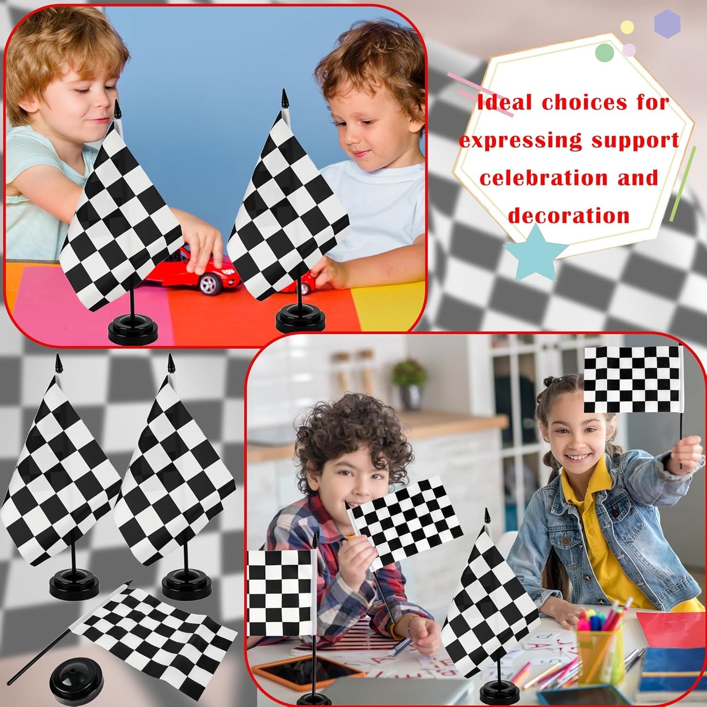28 Pcs Black and White Checkered Racing Stick Flag Mini Race Car Office Table Desk Flags with Stand Base for Race Car Office Home Decorations and Party Celebrations