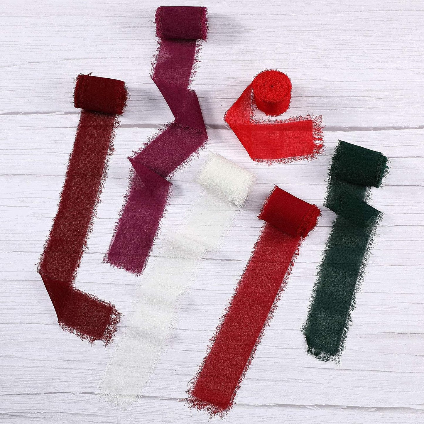 6 Rolls Handmade Fringe Chiffon Silk Ribbon 1.5" x 3 Yd Colorful Ribbon for Wedding Invitations, Bridal Bouquets, Gifts Wrapping, DIY Crafts (Red and Green Set)