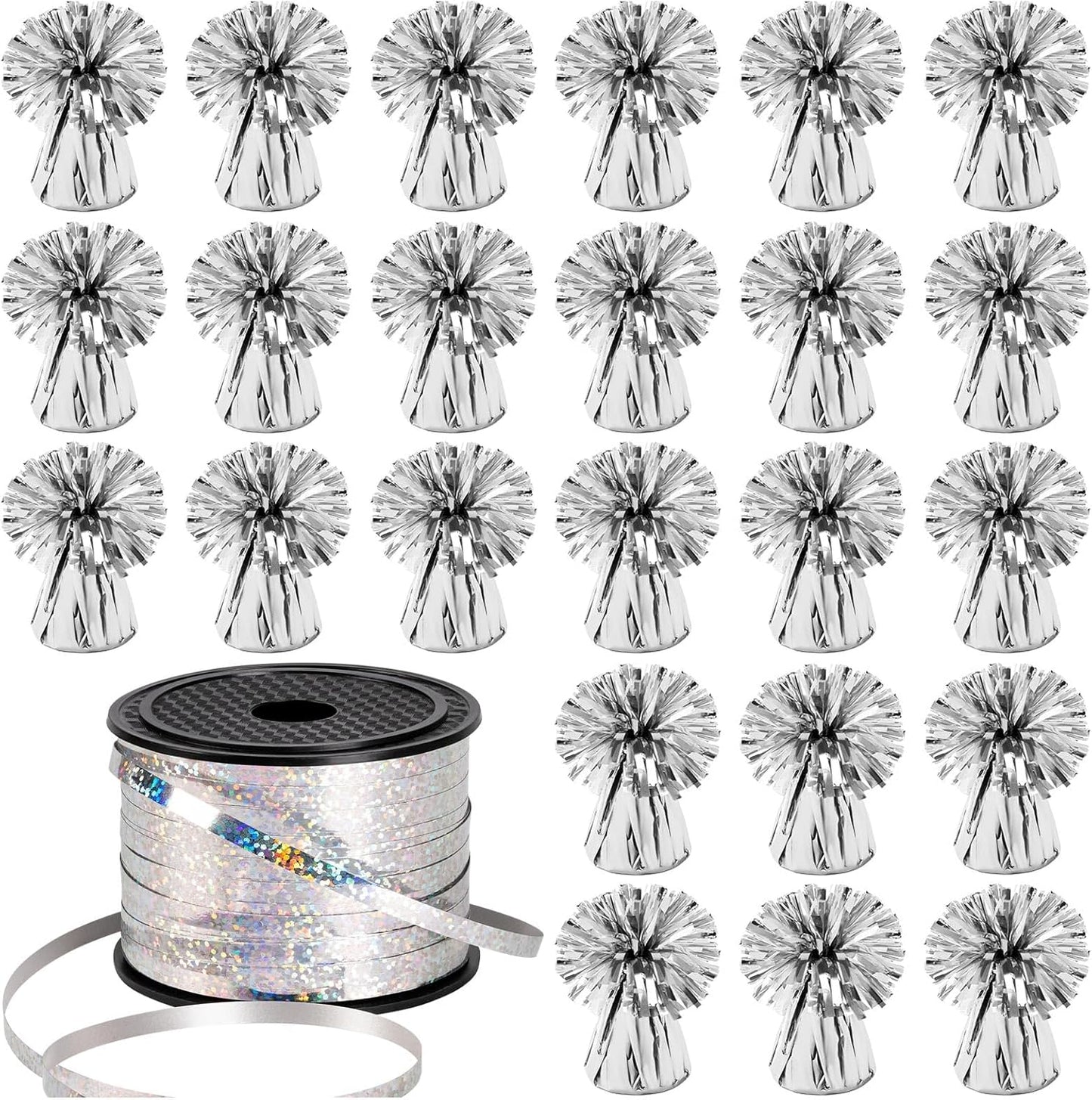24 PCS Balloon Weights Metallic Anchor, Balloon Holder Heavy Weights with and 1 Roll Iridescent Crimped Ribbon for Balloons Table Party Favor Birthday Decor(Silver)