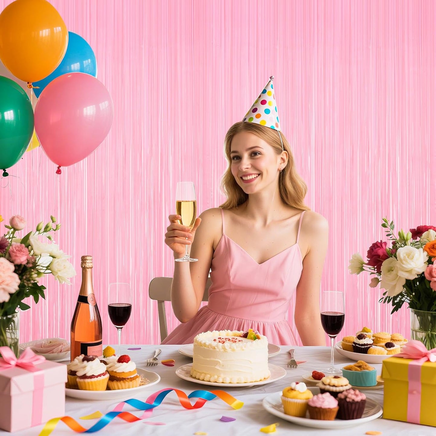 2Pack Foil Curtain Pastel Pink Backdrop Streamers Metallic Tinsel Fringe Curtains Photo Booth Props for Birthday Wedding Engagement Bachelorette Christmas Celebration Valentines Party Decorations