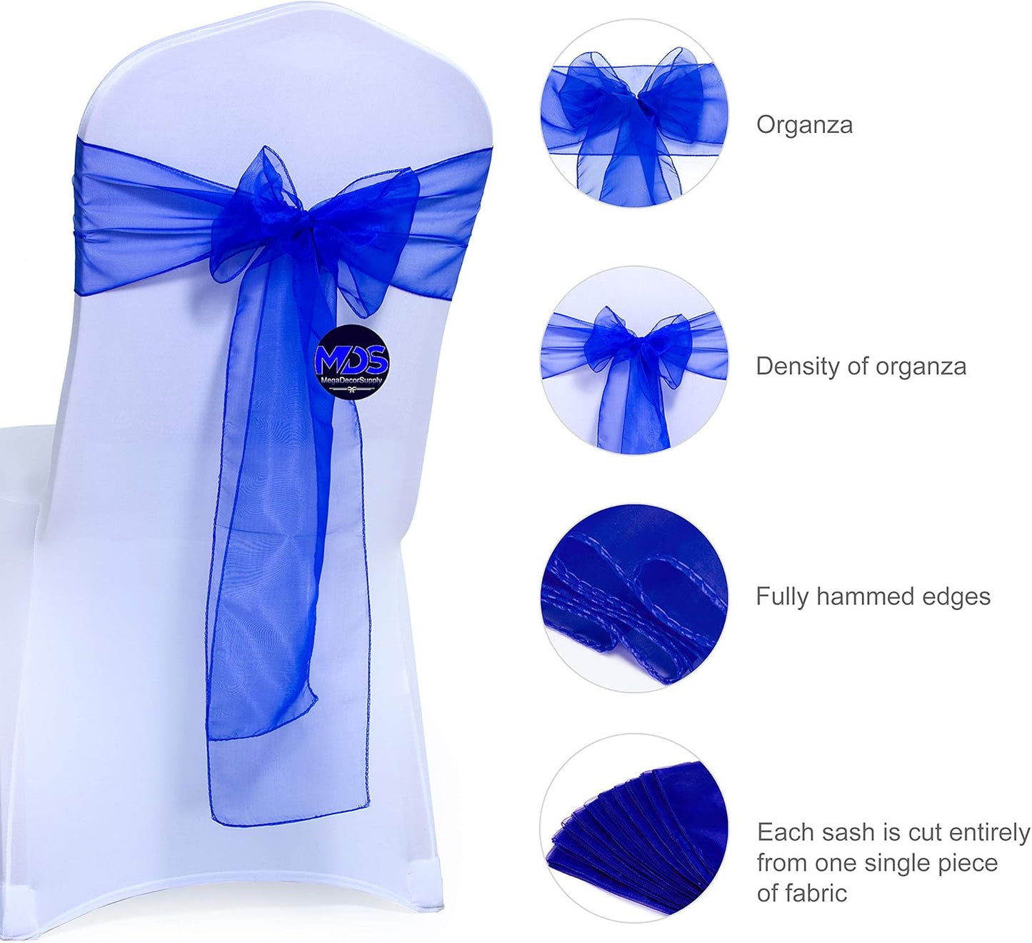 MDS Pack of 25 PCS Organza Chair Sashes Wider Dining Chair Bows Ribbon Tie Back for Wedding Party Birthday Bridal Shower Reception Event Banquet Home Chair Cover Decoration - Royal Blue