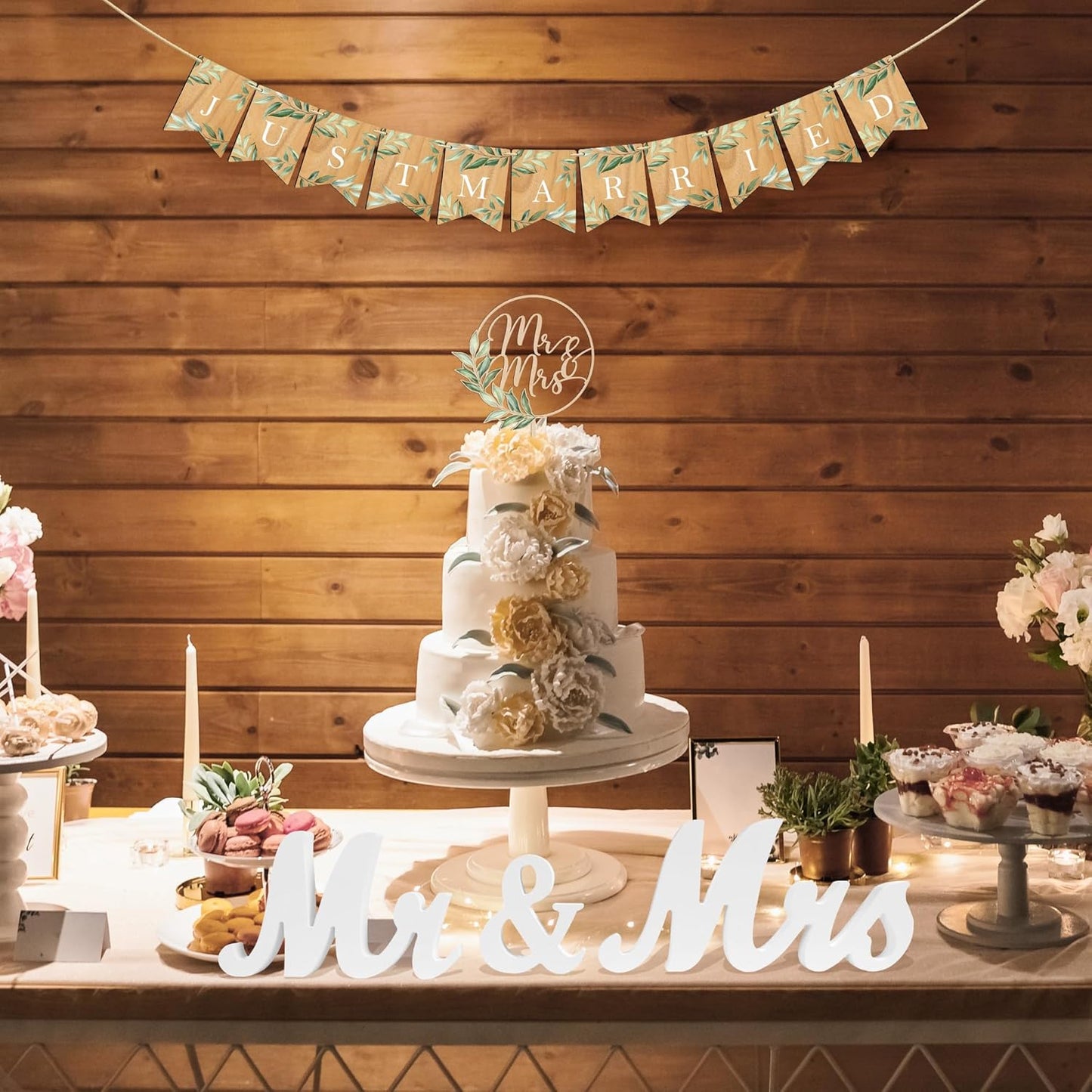 Mr & Mrs Cake Topper & Just Married Banner & Mr Mrs Table Sign Green Wedding Decorations in Wood