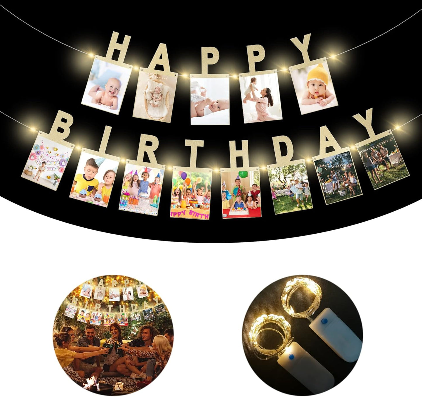 Birthday Photo Banner with 2 Strings of Fairy Lights for Children and Adult Birthday Party Decorations, Annual Milestone Happy Birthday Banner (Gold)