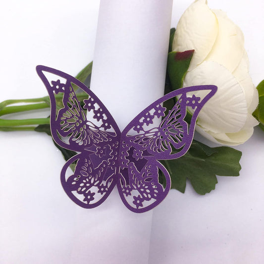 Butterfly Purple Paper Napkin Rings Set of 100 pcs，3D Laser Cut Foil Cutout Paper Napkins Holder,Disposable Serviette Rings for Tables,Decorations,Wedding,Dinner,Party Decor (Purple)