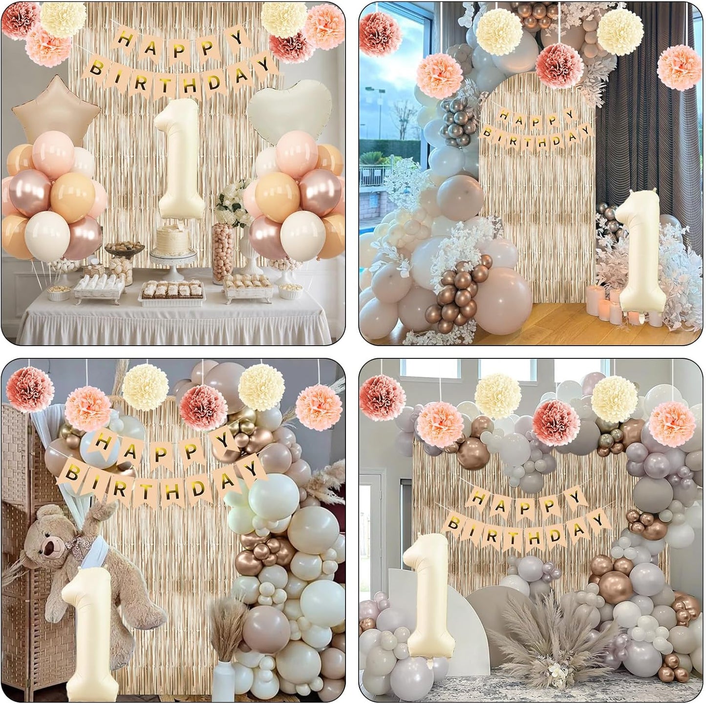 Beige 1st Birthday Decorations Cream Number 1 Balloon Nude Gold Happy Birthday Banner Fringe Curtain Paper Pom Poms Blush White Sand Champagne Star Foil Balloons Neutral Boho Party Decor