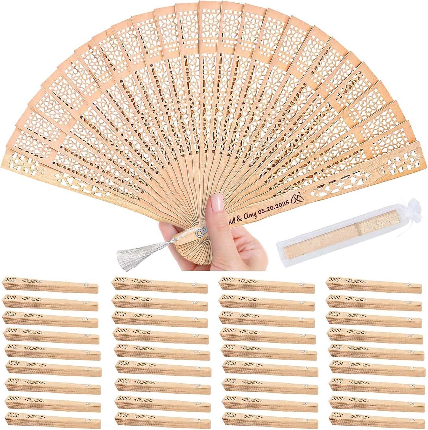 50pcs Personalized Wedding Fans for Guests - Custom Wooden Hand Fans with Names/Dates - Bulk Wedding Favors for Bridal Shower, Baby Shower & Parties (Wood, 50pcs)