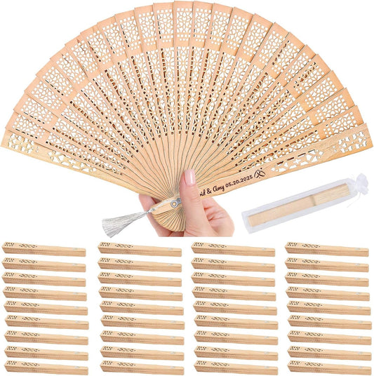 50pcs Personalized Wedding Fans for Guests - Custom Wooden Hand Fans with Names/Dates - Bulk Wedding Favors for Bridal Shower, Baby Shower & Parties (Wood, 50pcs)