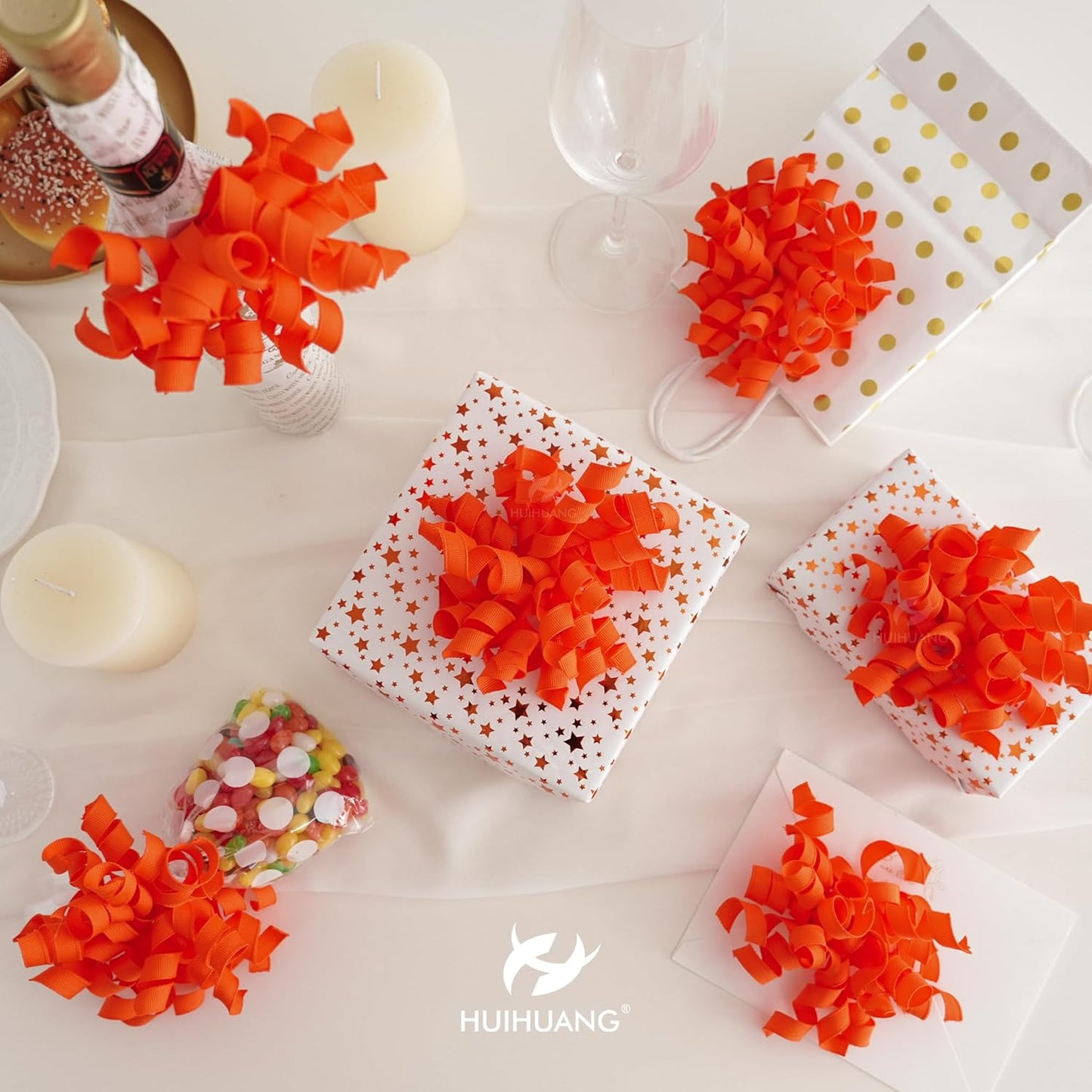 HUIHUANG Curly Ribbon Bows for Gift Wrapping, Orange Gift Bows Self Adhesive Burst Gift Bows for Present Box, Wine Bottle, Treat Bags, Wrap Accessories, Bridal Shower Wedding Party Favor - 6 Counts