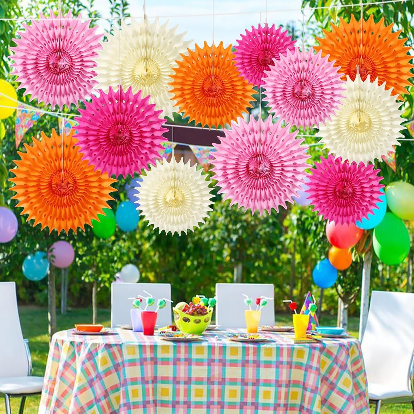 BestoFun 12PCS Paper Fans Hot Pink and Orange Party Decorations Tissue Paper Flowers Decorations for Girl Groovy Birthday Baby Shower Wedding Bachelorette Room Wall Hanging Décor