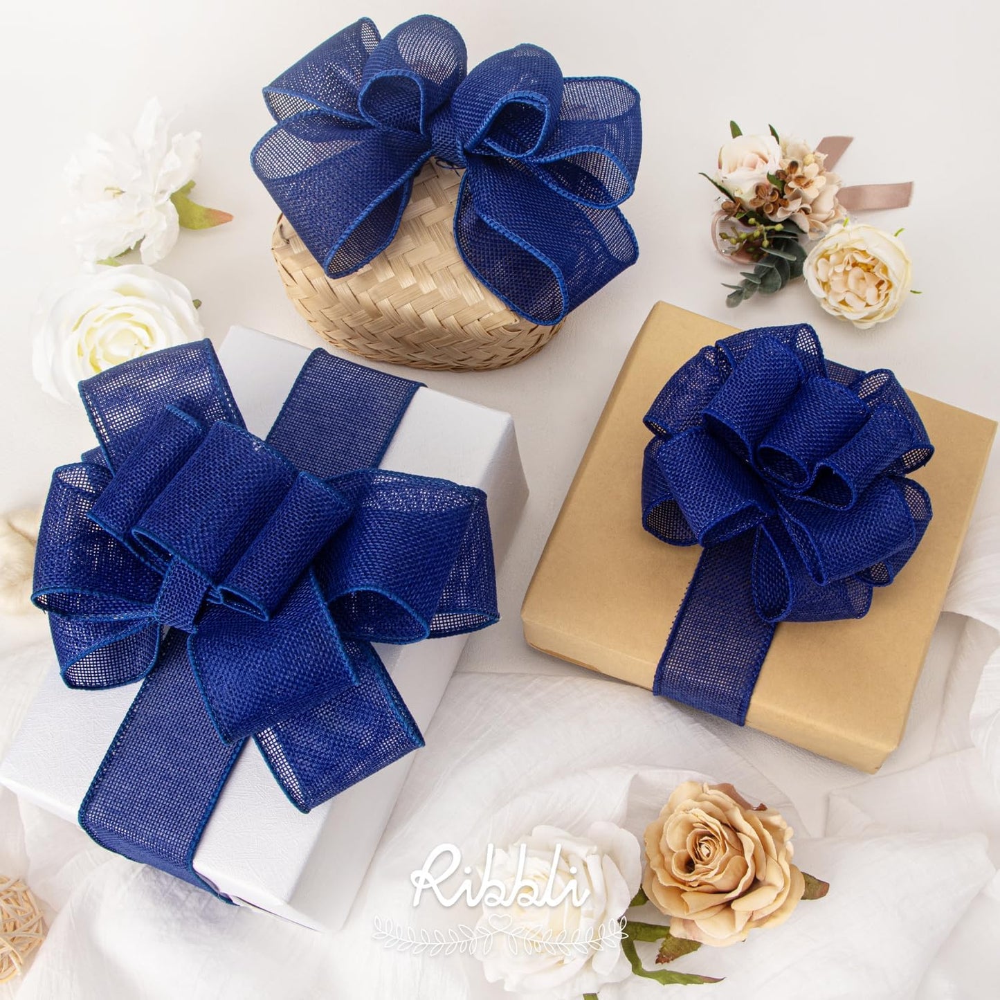 Ribbli Royal Blue Burlap Wired Ribbon, 1-1/2” Inch x Continuous 20 Yard, Blue Wired Ribbon for Wreaths,Big Bows,Tree Decoration,Outdoor Decoration