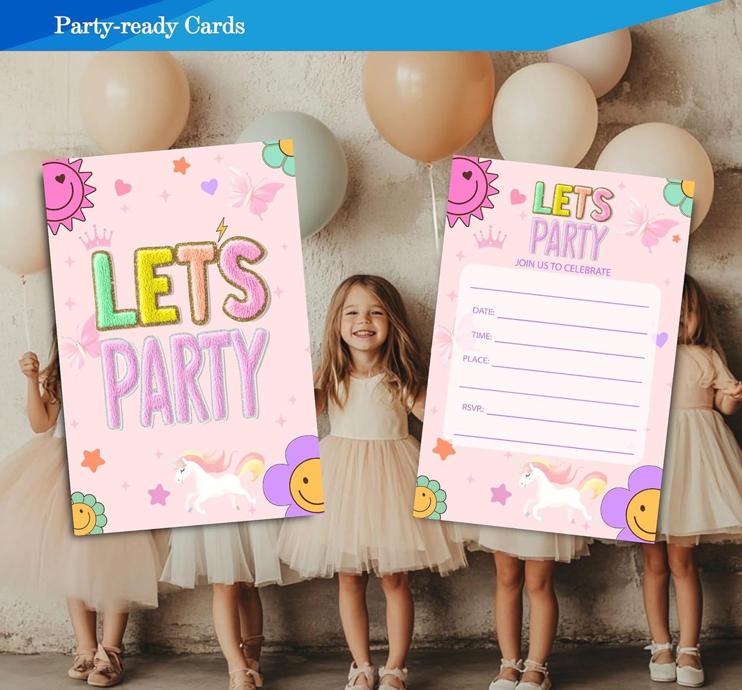 Preppy Patch Birthday Invitations for Girls, Let's Party Birthday Party Invitaions for Party Invites, 4x6 Inches, 30 Sets with Envelopes