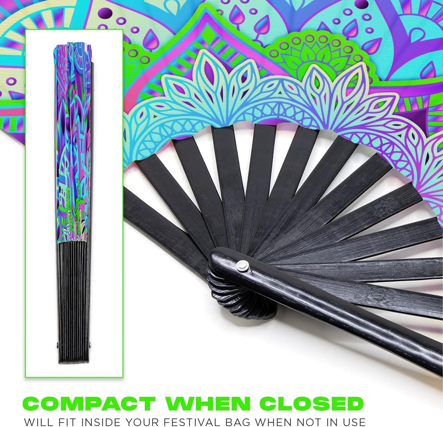 GloFX UV Glow Mandala Rave Handheld Fan - Teal, Pink, Purple & Green Design - Large Folding Fan for Festival Fashion, Essential Rave Accessories for Women, Foldable Hand Fan for Music Festival Outfits