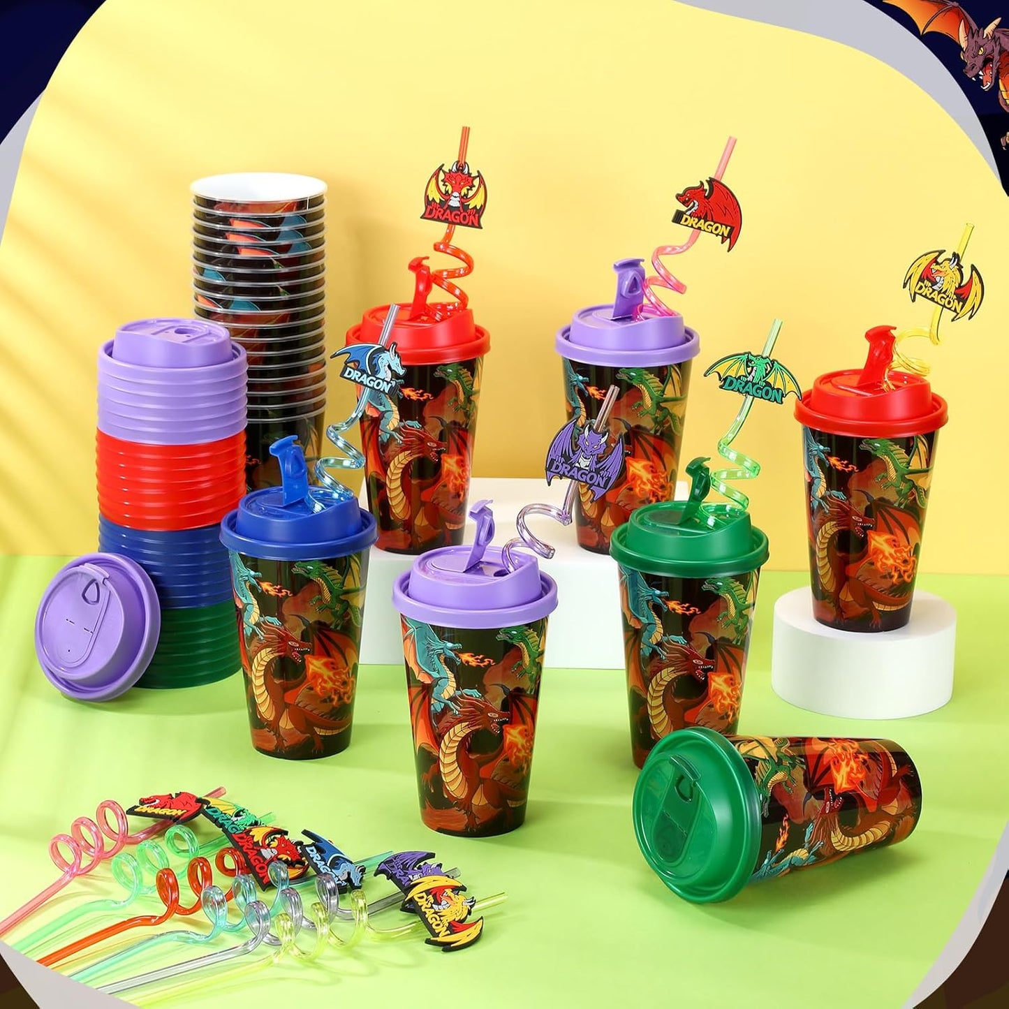 Yungyan 36 Sets Dragon Party Favors Goodie Cups with Lids and Straws for Birthday Decorations Reusable 16oz Plastic Candy Cups Plastic Straws for Birthday Party (Dragon)