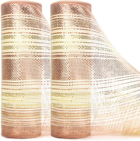 Ribbli 2 Rolls Rose Gold Metallic Mesh Ribbon 10 inch x 30 feet(10Yard), Ivory with Rose Gold Foil and Ivory Thread,Christmas Ribbon for Wreath Swags Wedding Garland and Christmas Tree