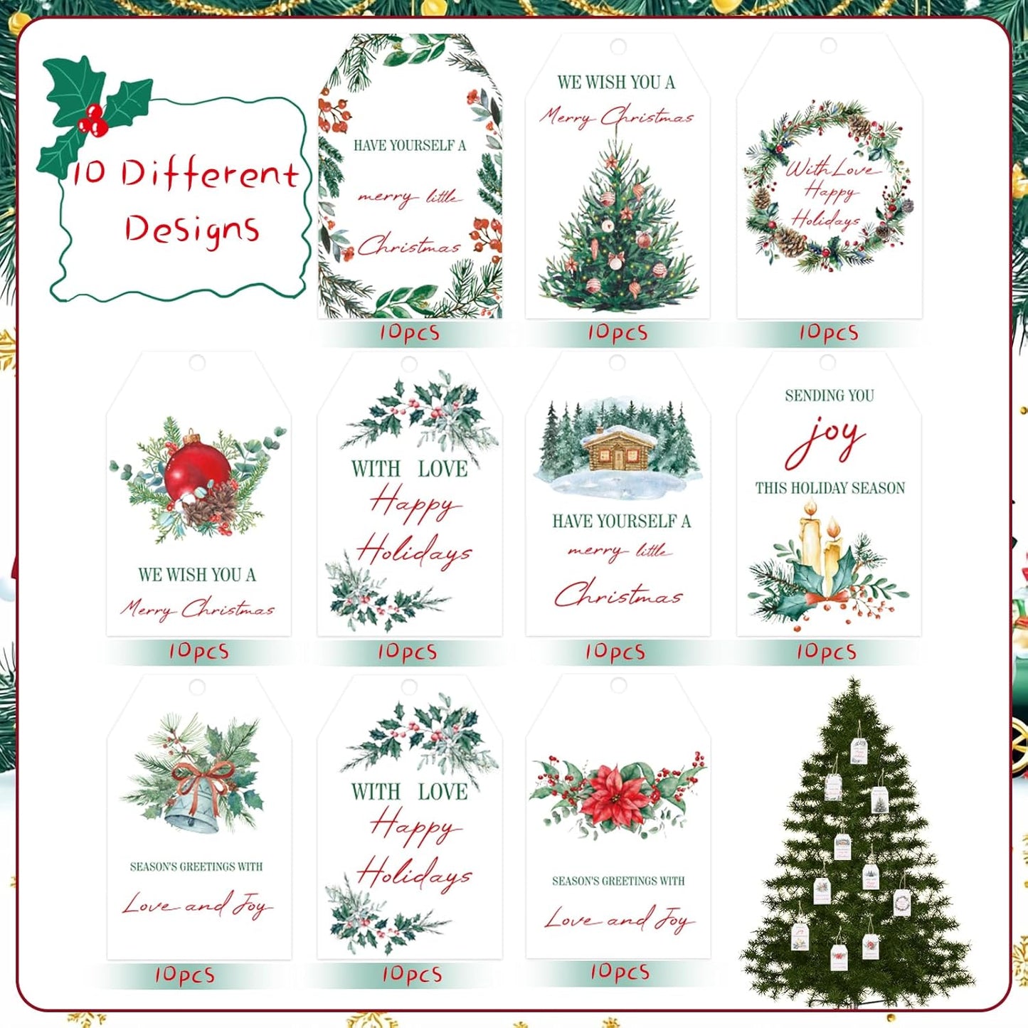 100PCS Christmas Gift Tags 10 Styles Watercolor Christmas Tree Pinecone Tags with String Celebrations Tag for Present Wrapping Xmas Holiday Seasonal Party Favors