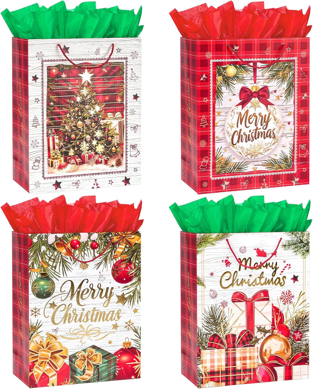 LYLIN 4Pcs 16" Large Christmas Gift Bags with 8 Tissue Papers, Reusable Christmas Tote Bags with Handles, Bulk Xmas Treat Bags for Wrapping Gifts, Party Favors and Holiday Decor