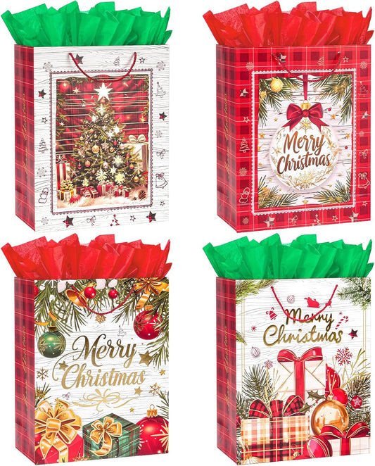 LYLIN 4Pcs 16" Large Christmas Gift Bags with 8 Tissue Papers, Reusable Christmas Tote Bags with Handles, Bulk Xmas Treat Bags for Wrapping Gifts, Party Favors and Holiday Decor