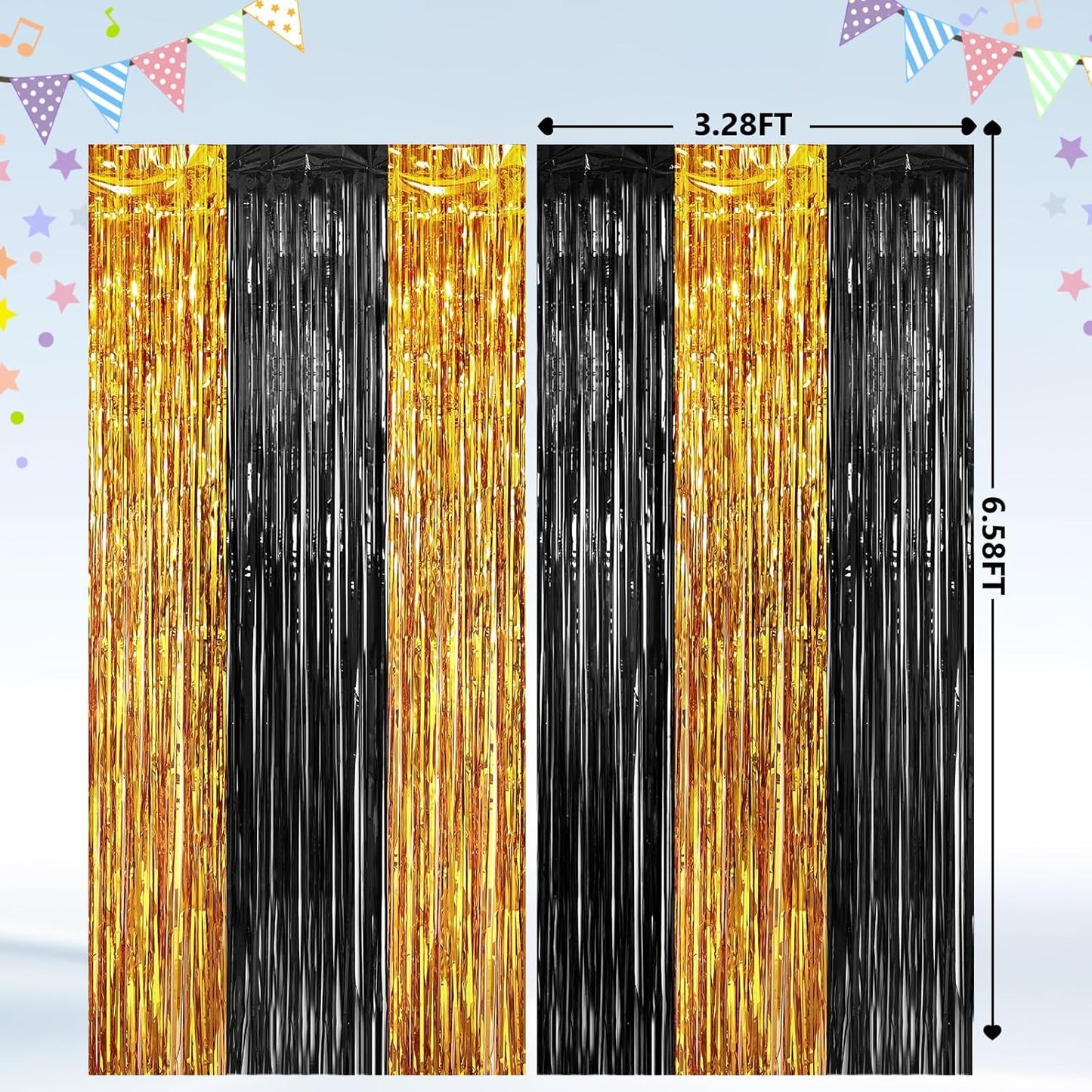 2Pack Black Gold Metallic Tinsel Foil Fringe Curtains, Door Streamers Photo Booth Backdrop for Birthday Party, Tinsel Curtain Backdrop for Wedding Baby Shower Bachelorette Christmas Party Decorations