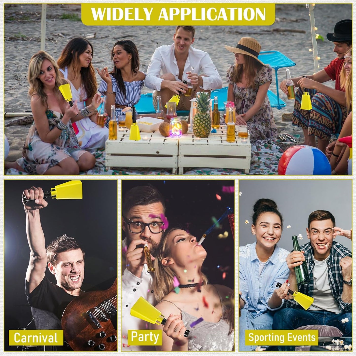 Pelopy 12 Pcs Large Cow Bell 9 '' Cowbell with Handle Cowbells for Sporting Events Hand Percussion Cheering Bell Chimes for Football Game, Alarm Loud Noise Makers, Musical Instrument(Yellow)