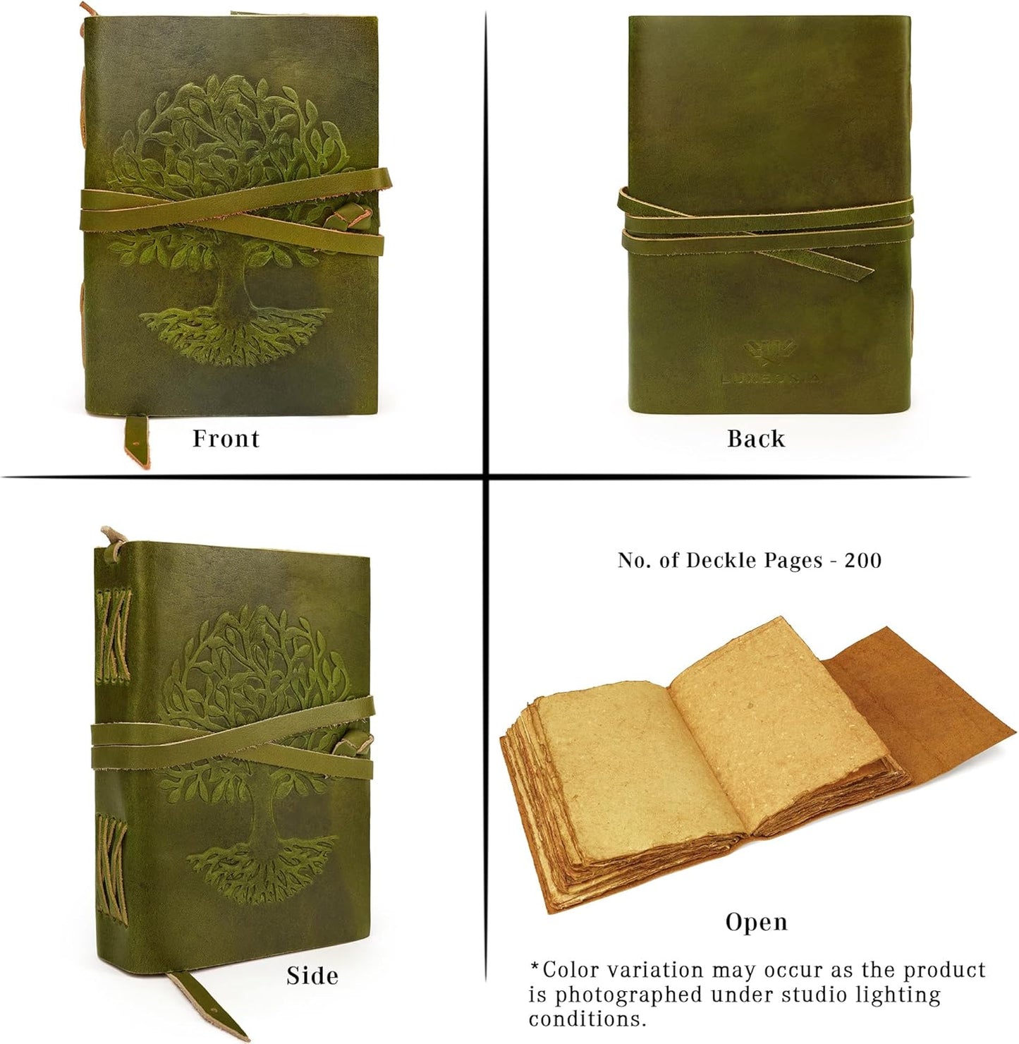 LUXEORIA Tree Of Life Leather Journal for Women and Men, Handcrafted Leather Journal for Writing Womens, Sketchbook, Travel Diary with Unlined Deckle Paper, Mint Green 6x8