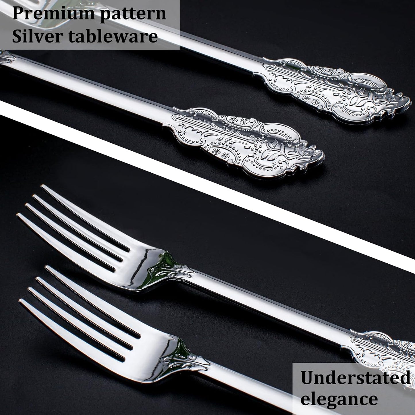WDF 100 Piece Silver Forks Disposable - 7.48 Inch Silver Plastic Forks - Baroque Silverware for Dessert Cake - Heavy Duty Plastic Fork for Christmas Party, Wedding or Daily Using