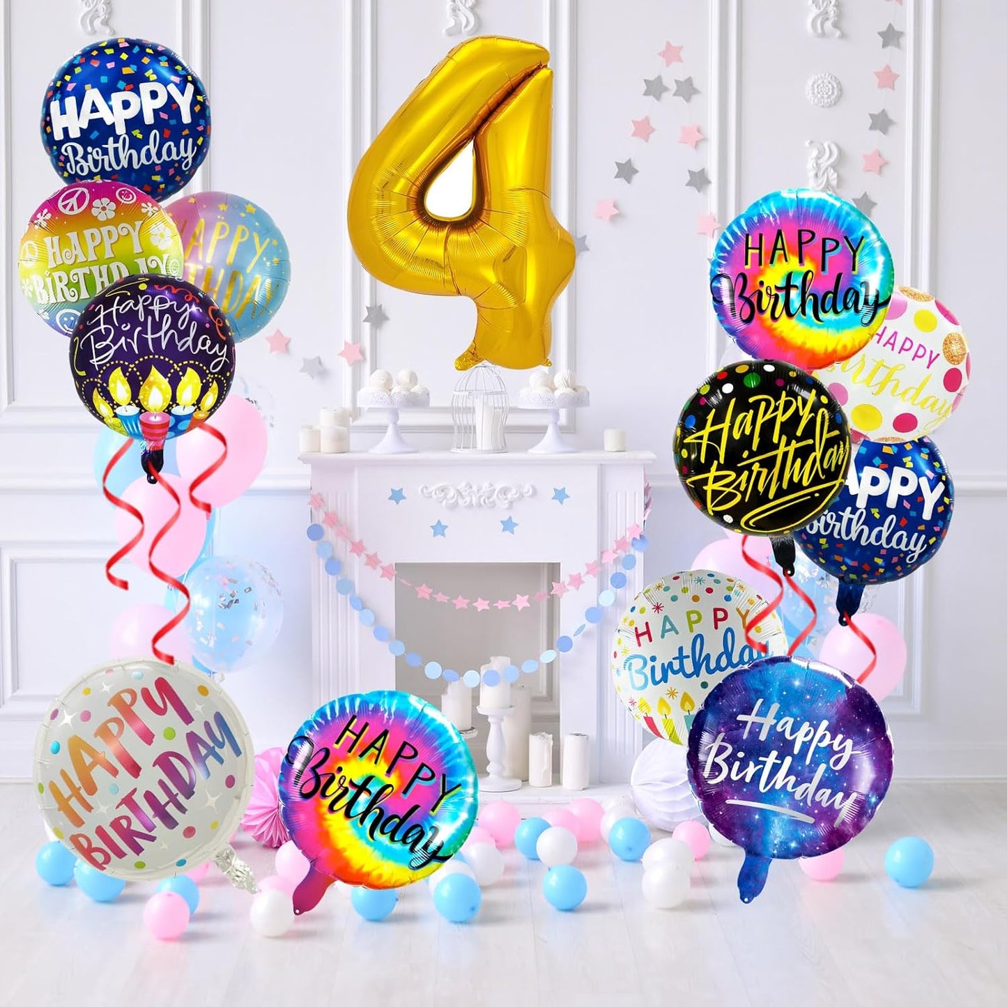 50 Pcs Happy Birthday Party Aluminum Foil Balloons and 4th Birthday Balloons, 18 Inch Round Aluminum Foil Balloon with" Happy Birthday" Sign, Birthday Party Decorations for Boys/Girls (4)