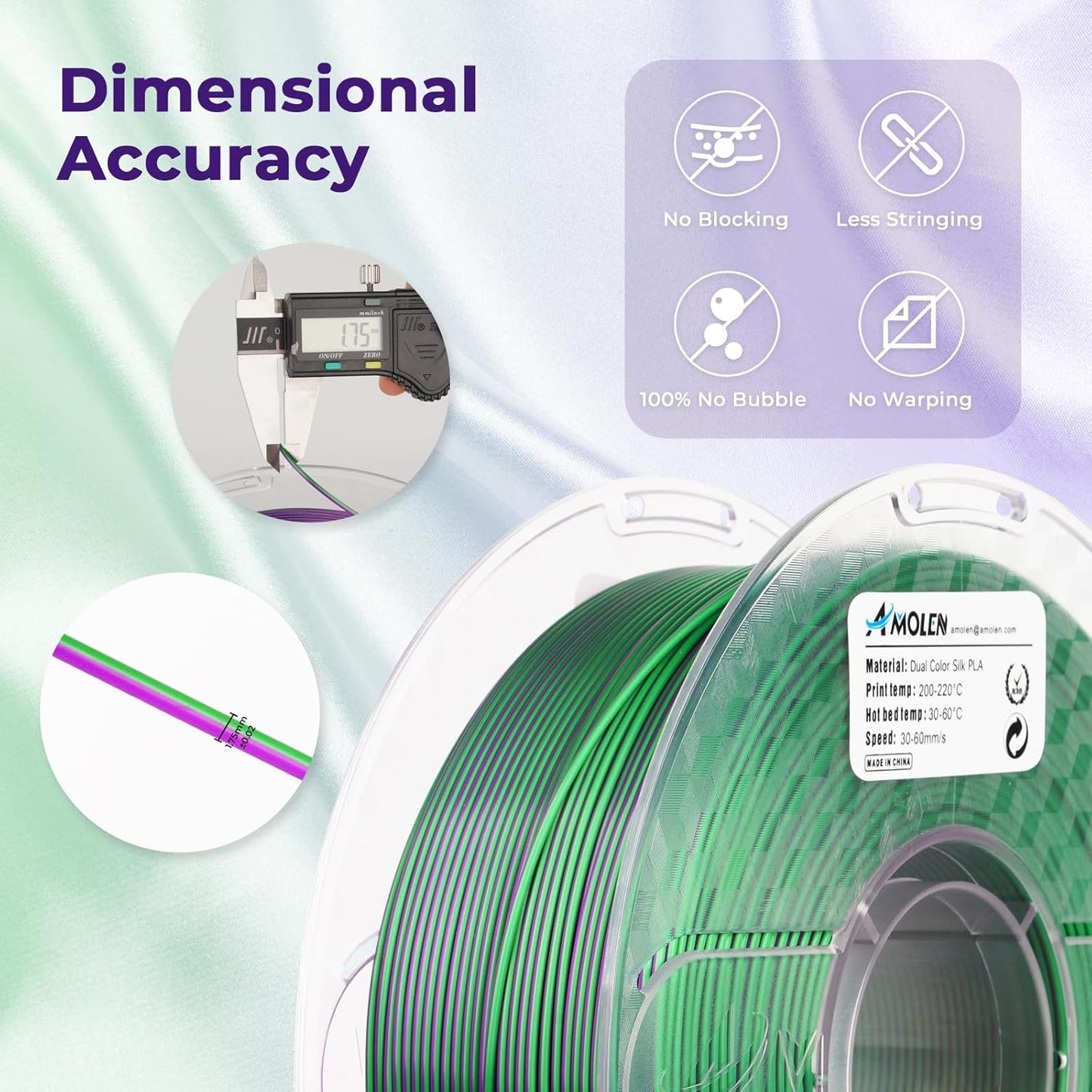 AMOLEN Silk PLA 3D Printer Filament, Dual Color Purple Green PLA 1.75mm, Shiny Color Change Filament 3D Printing PLA Filament for Most FDM 3D Printer, 1kg Spool(2.2lbs)