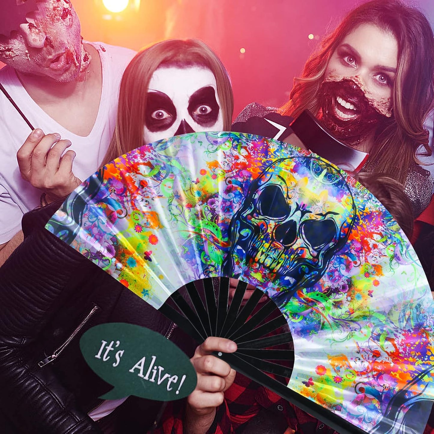 SYNTECSO Folding Hand Fan for Rave, UV Glow Fan, Large Bamboo Fan for Drag Queen, Women and Men Gift，Chinese Japanese Clack Fan for Parties, Music Festivals, EDM and Decoration