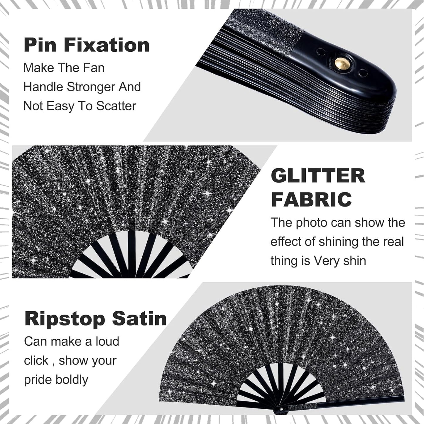 Thyle 6 Pcs Large Folding Fan for Line Dancing Bulk Boots on The Ground Hand Fan Black Popping Clapping Party Favors Decoration Gift for Edm Festival Club Summer(Classical)