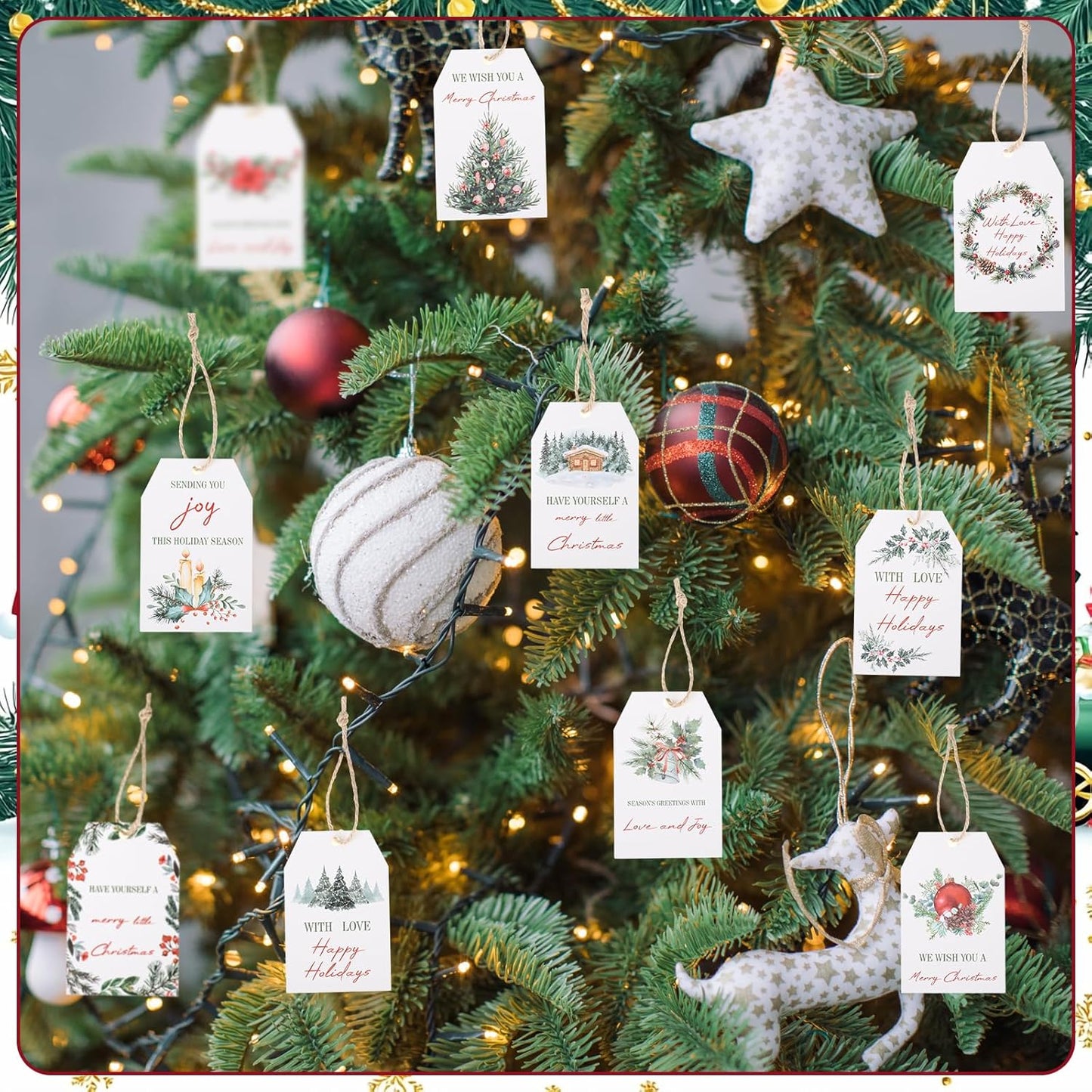 100PCS Christmas Gift Tags 10 Styles Watercolor Christmas Tree Pinecone Tags with String Celebrations Tag for Present Wrapping Xmas Holiday Seasonal Party Favors