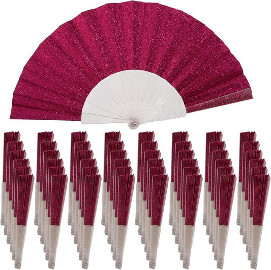 48 Pack Handheld Fan,Folding Hand Glitter fan with Shining Transparent Fan Rib – Ideal for Wedding, Church, Festival, Dance, Tea Party, Club, and EDM Accessories, Deep pink
