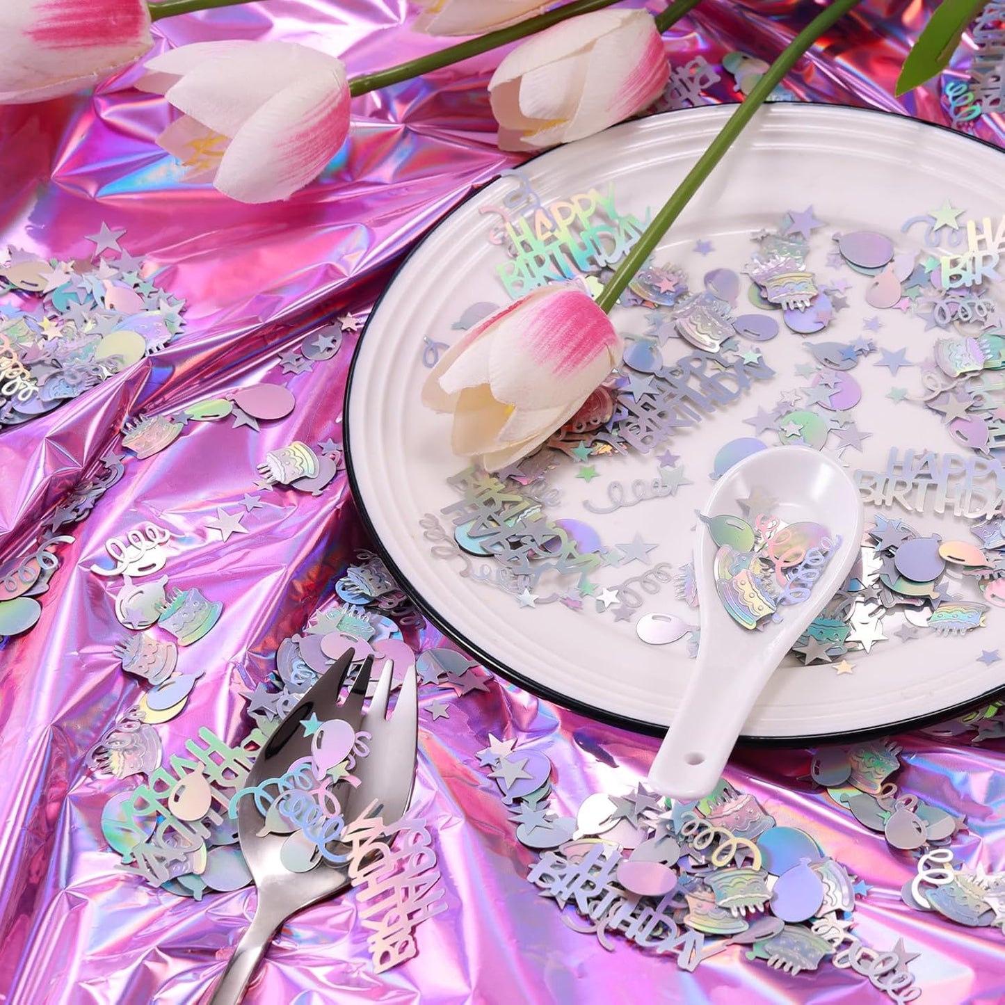 Iridescent Happy Birthday Confetti, 3000 Pcs Birthday Cake Table Metallic Foil Confetti Party Table Decor for Party, Baby Shower, DIY Arts and Crafting