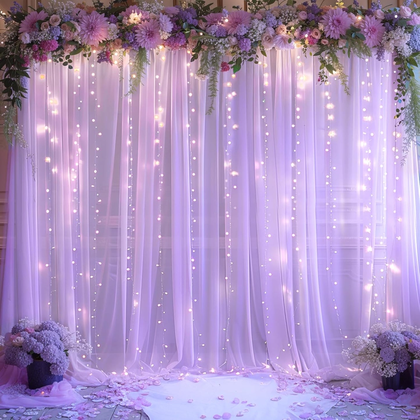 10x10ft Lavender Chiffon Backdrop Curtain with Lights for Wedding Baby Shower, Light Purple Curtain Backdrop with Lights for Birthday Party Gender Reveal Photo Shoot (5 x 10ft,2 Panels)