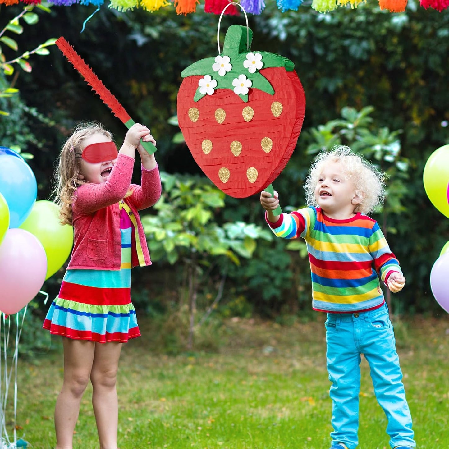 Wernnsai Red Strawberry Piñata For Kids - Strawberry Baby Shower Pinata Strawberry Birthday Party Decorations Summer Fruit Themed Party Game Supplies With Bat Blindfold 16.5" × 11.6" ×3"